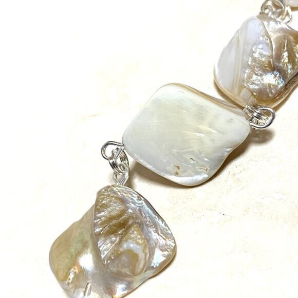 Irregular Mother of Pearl Shell Beads + Silver Leaf Branch Pendant Necklace - Picture 7 of 12